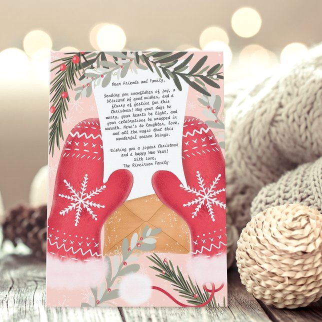 Fun gloves illustration  Christmas family 3 photos Holiday Card (Fun gloves illustration Christmas family 3 photos Holiday Card on pink
)