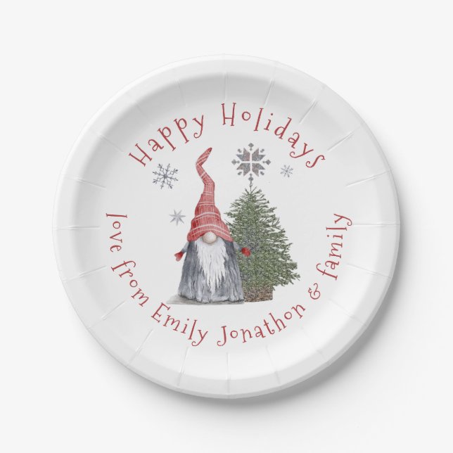 Fun Gnome Christmas Tree Name Happy Holidays Paper Plate (Front)