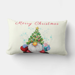 Fun Gnome with Christmas Tree Hat and Gift  Lumbar Cushion