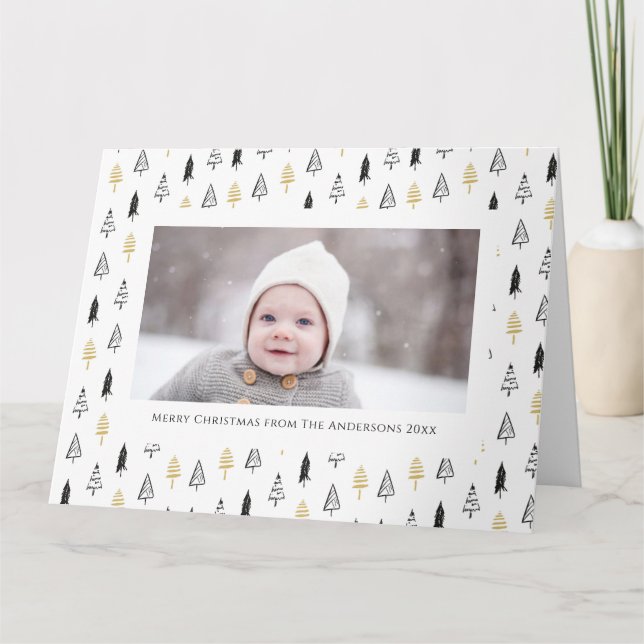 Fun Gold Black Pine Tree Minimalist Christmas Card (Front)