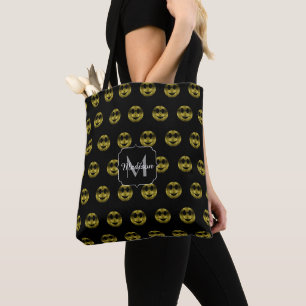 Fun gold black smileys polka dots pattern Monogram Tote Bag