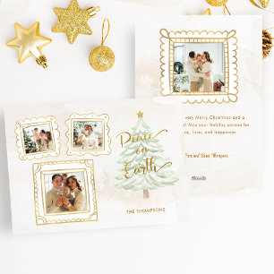 Fun Gold Doodle Frame Peace on Earth 3-Photo Holiday Card