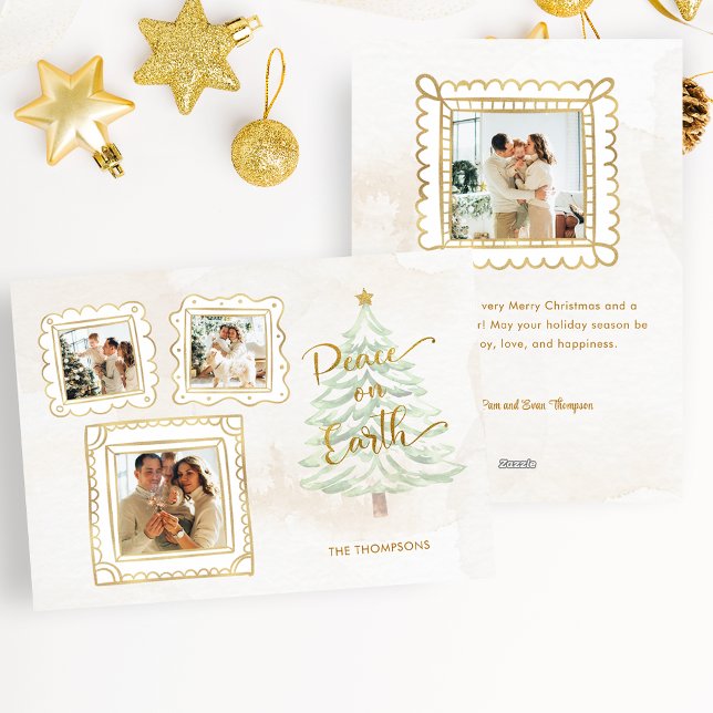 Fun Gold Doodle Frame Peace on Earth 3-Photo Holiday Card (Creator Uploaded)