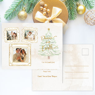 Fun Gold Doodle Frame Peace on Earth 3-Photo Holiday Postcard