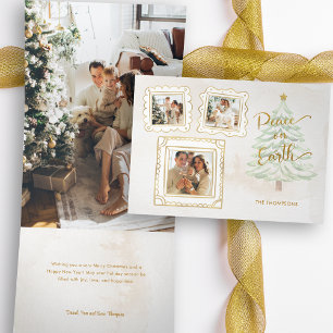 Fun Gold Doodle Frame Peace on Earth 3-Photo Tri-Fold Holiday Card
