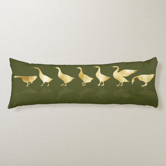 Fun Gold Foil Geese Dark Sage Green Body Cushion (Front)