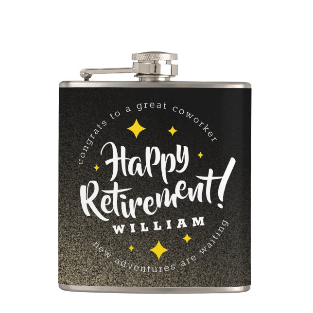 Fun Gold Glitter Stars Retirement New Adventures Hip Flask (Front)