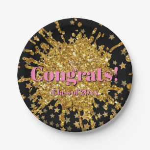 Fun gold pink sparkle glitter graffiti paint stars paper plate