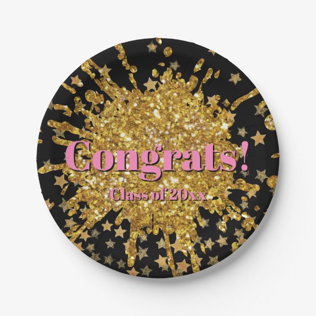 Fun gold pink sparkle glitter graffiti paint stars paper plate (Front)