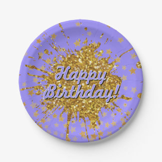 Fun gold pink sparkle glitter graffiti paint stars paper plate