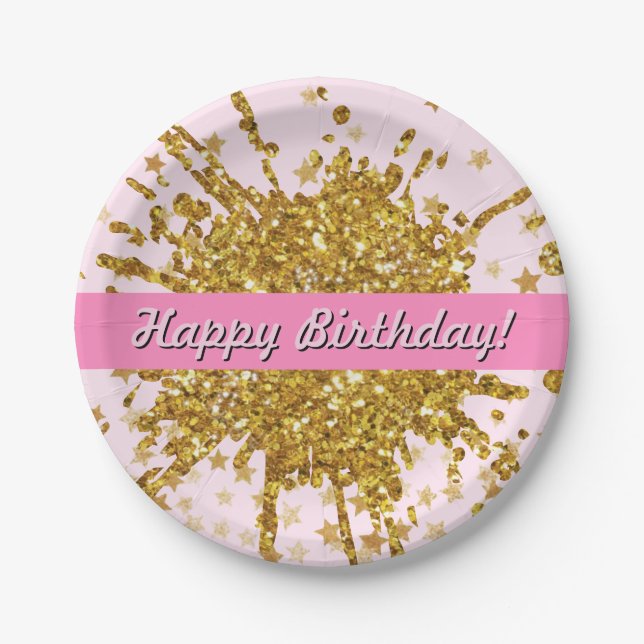 Fun gold pink sparkle glitter graffiti paint stars paper plate (Front)