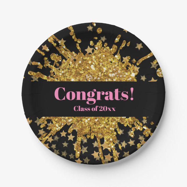 Fun gold pink sparkle glitter graffiti paint stars paper plate (Front)