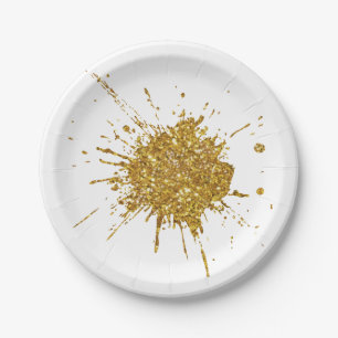 Fun gold sparkle glitter graffiti paint drip   paper plate