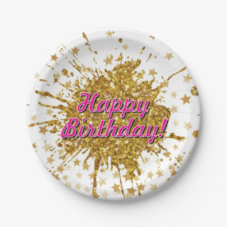 Fun gold sparkle glitter graffiti paint drip stars paper plate