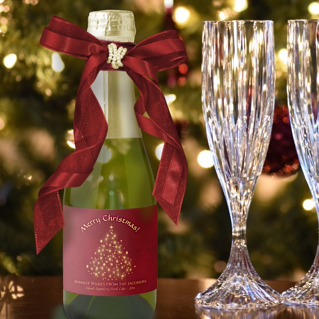Fun Gold Stars Christmas Tree on Red Mini Holiday Sparkling Wine Label (In Situ with Bow)