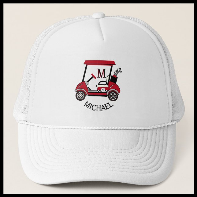 Fun Golf Guy Cart Custom Monogram Name Trucker Hat (Creator Uploaded)