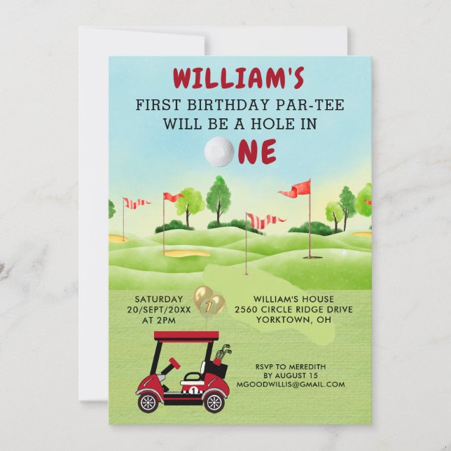 Fun Golf Red Cart Boy 1st Birthday Par-Tee Invitat Invitation (Front)
