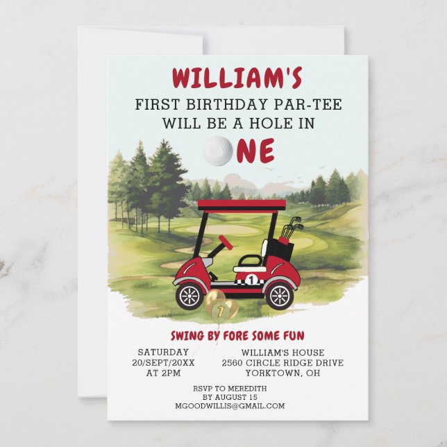 Fun Golf Red Cart Boy 1st Birthday Par-Tee  Invitation (Front)