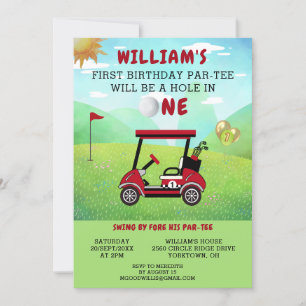 Fun Golf Red Cart Boy 1st Birthday Par-Tee Invitation