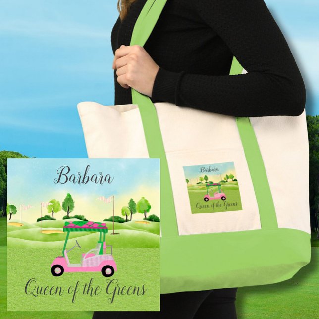 Fun Golf Scene Pink Cart Name Queen of the Greens Tote Bag (Creator Uploaded)