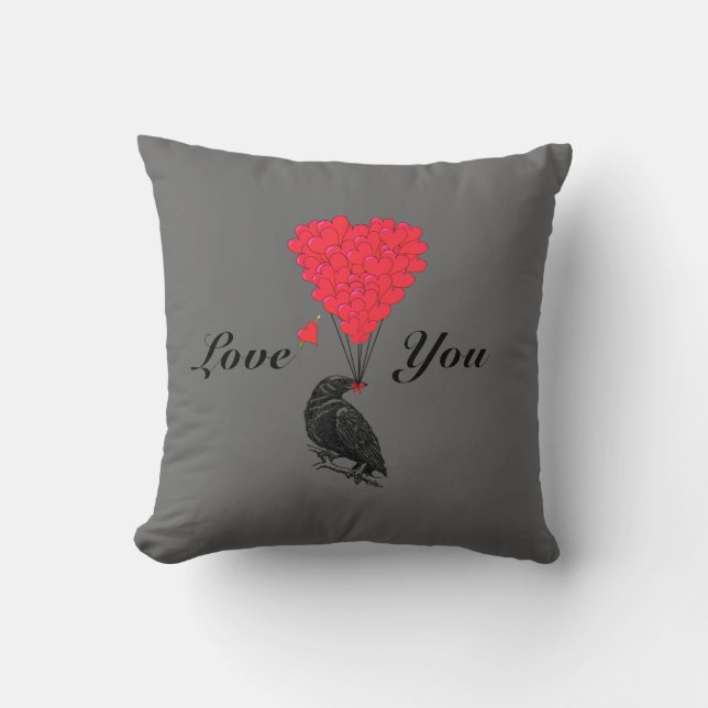 Fun gothic crow valentines love heart cushion (Front)