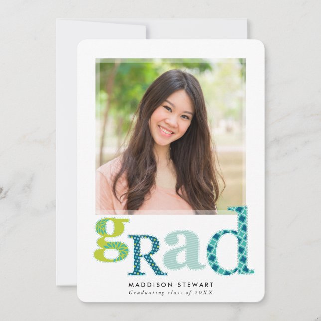 FUN GRAD chic photo modern typography green blue Invitation (Front)