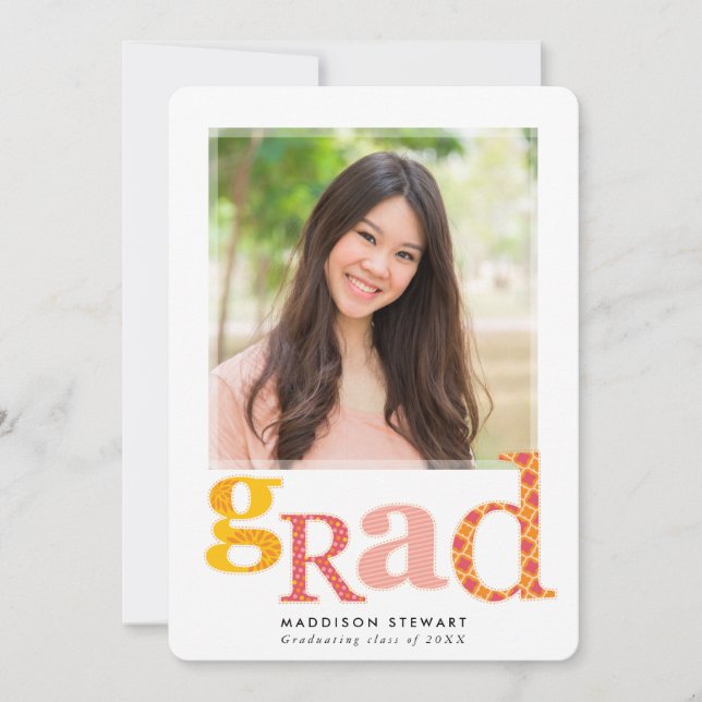 FUN GRAD chic photo modern typography pink yellow Invitation (Front)