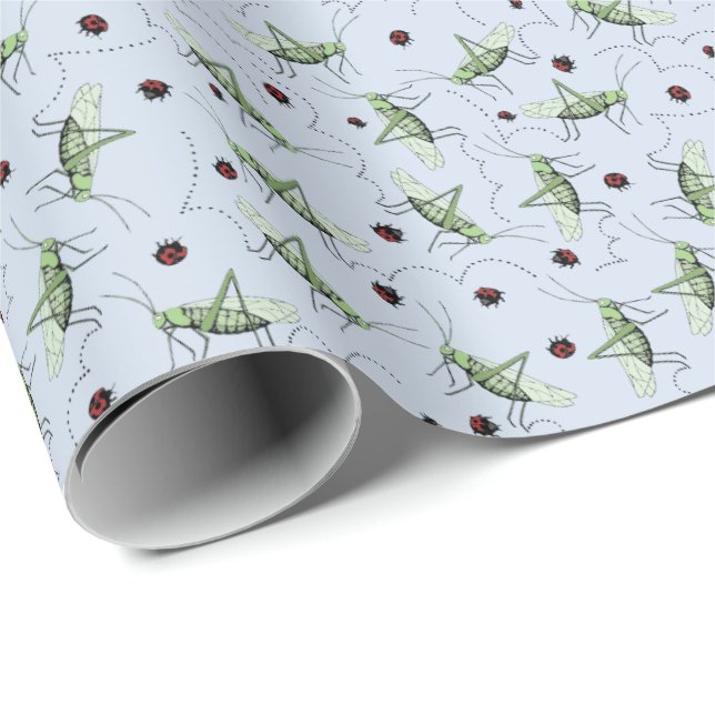 Fun Grasshopper Bug Bonanza Green Red Pastel Blue Wrapping Paper (Roll Corner)