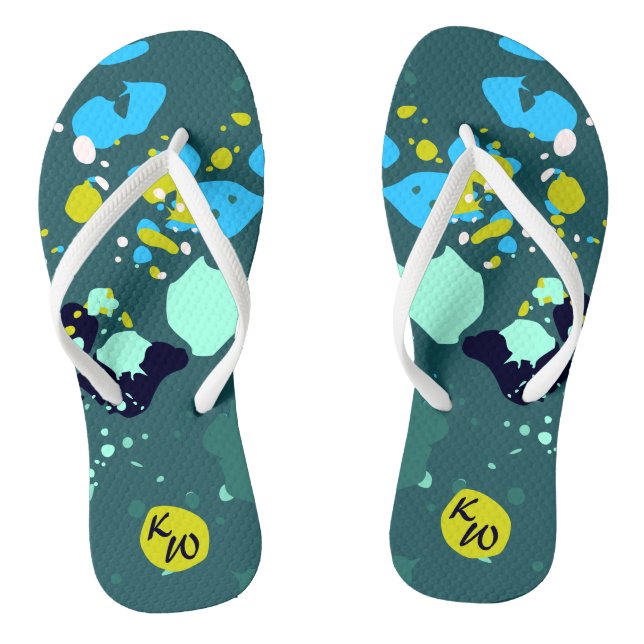 Fun Green Colourful Paint Splatter & Initials  Thongs (Footbed)