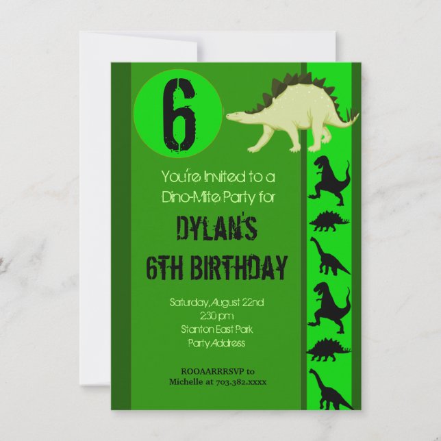 Fun Green Dinosaur Birthday Party Invitations (Front)