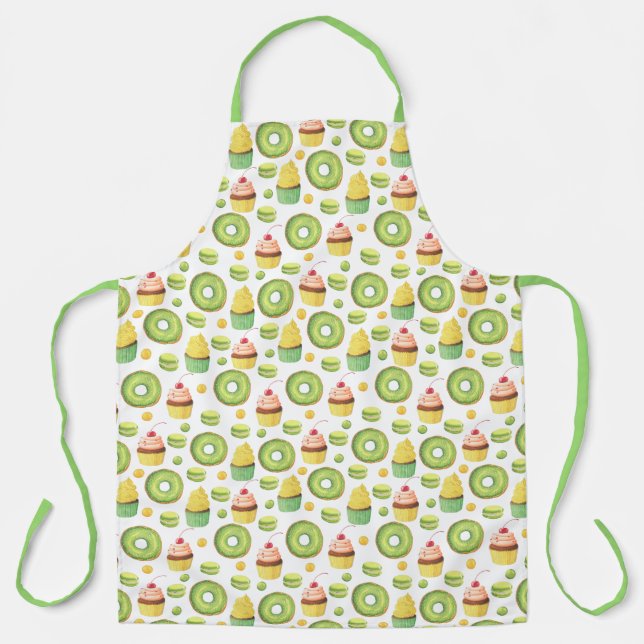 Fun Green Doughnuts and Cupcakes Pattern Apron (Front)