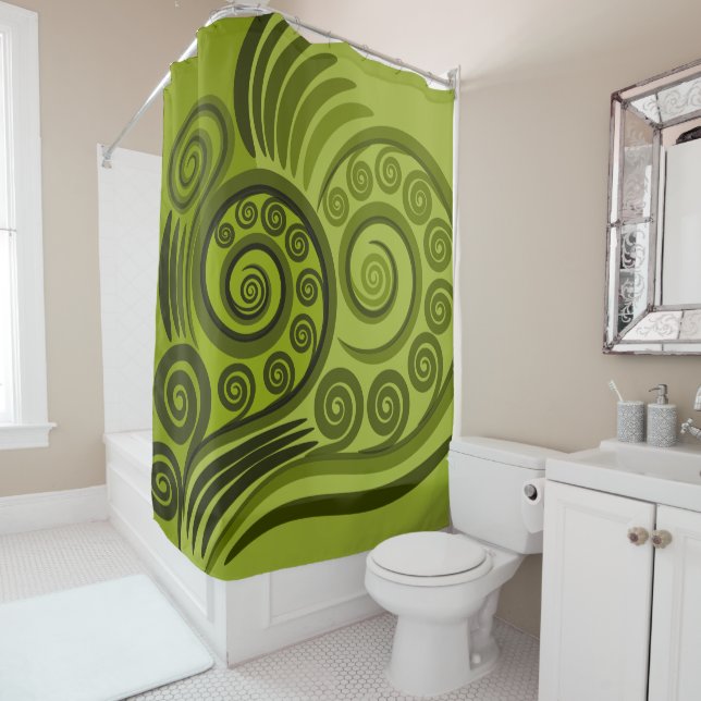 Fun Green Fern Frond Abstract Shower Curtain (In Situ)