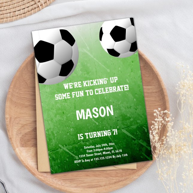 Fun Green Football Party Design Invitation (2 Balls Soccer Birthday Invitations)