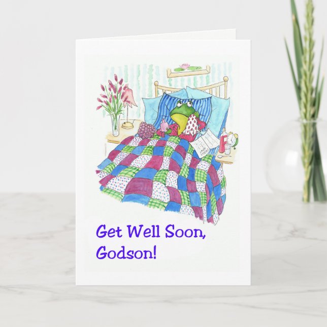 Fun Green Frog Get Well Soon for Godson Card (Front)