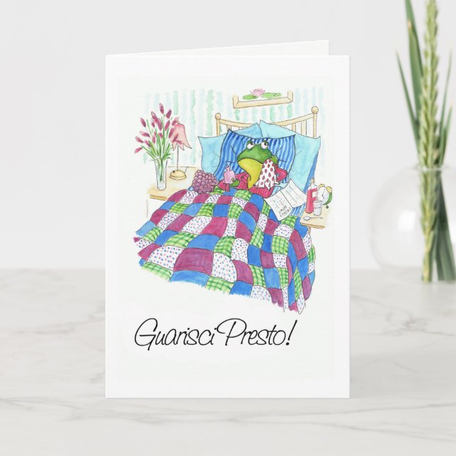 Fun Green Frog Get Well Soon Italian Greeting Card (Front)