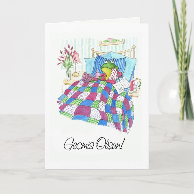 Fun Green Frog Get Well Soon Turkish Greeting Card (Front)