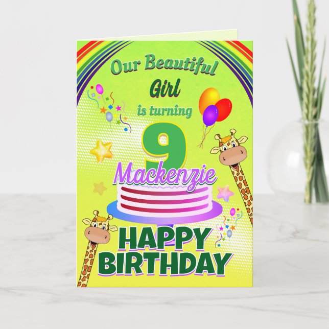 FUN GREEN Happy 9th Birthday Giraffes and Balloons Card (Front)