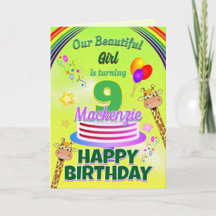 FUN GREEN Happy 9th Birthday Giraffes and Balloons Card