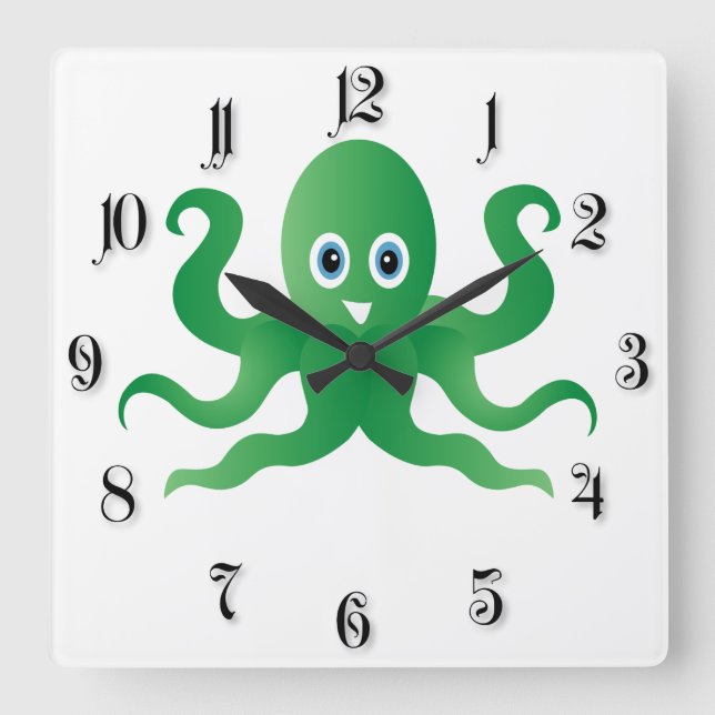 Fun green octopi square wall clock (Front)