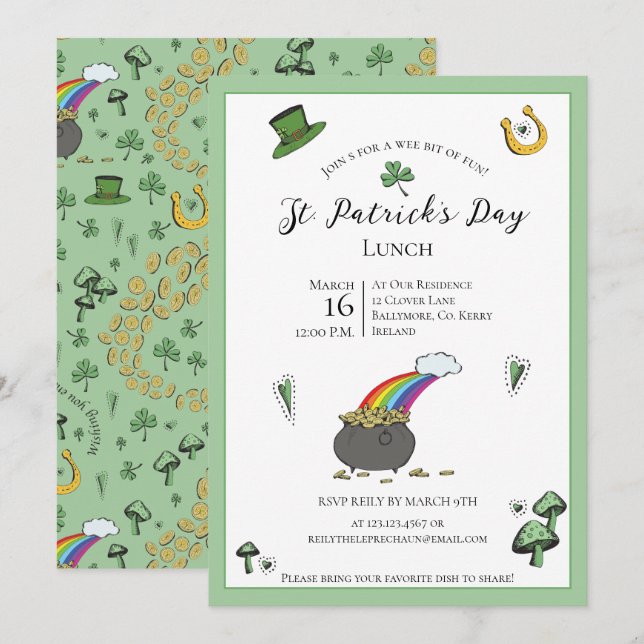 Fun Green St Patricks Day Irish Blessings Lunch Invitation (Front/Back)