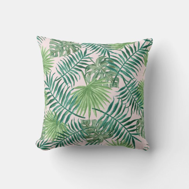Fun Green Tropical Leaves on Pink Cushion (Front)