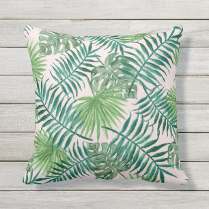 Fun Green Tropical Leaves on Pink Cushion