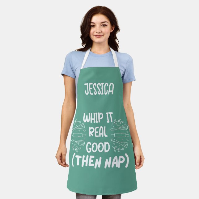 Fun Green Whip It Real Good Personalise Apron (Worn)