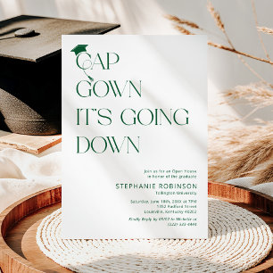 Fun Green & White Cap, Gown Graduation Invitation
