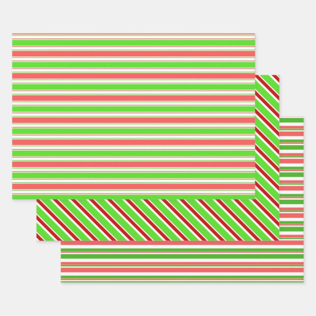 Fun Green, White, Red Christmas Inspired Lines Wrapping Paper Sheet (Set)