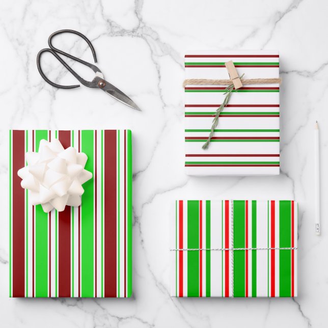 Fun Green, White, Red Christmas Themed Patterns Wrapping Paper Sheet (Front)