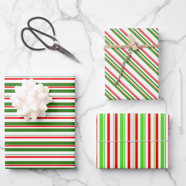 Fun Green, White, Red Christmas Themed Stripes Wrapping Paper Sheet (Front)