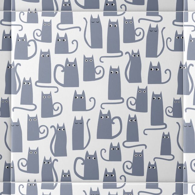 Fun Grey Cat Ceramic Tile (Blue Gray Cat pattern ceramic tile for animal lovers)