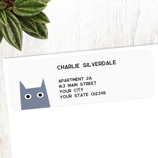 Fun Grey Cat Return Address Label (Fun blue, gray or grey cat return address labels)