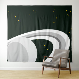 Fun Grey White Saturn Planet Rings Stars Space Tapestry